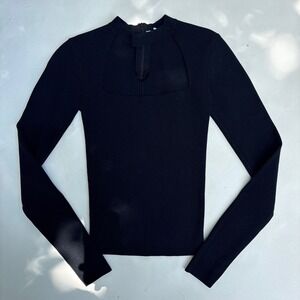 Zara Womens Small Black Ribbed Knit Long Sleeve Cutout Mock Neck Top Zipper Back